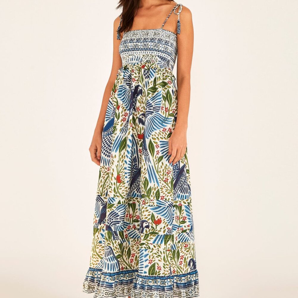 Farm Rio Size Small Off White Macaw Flight Smocked Maxi Dress
